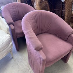Pair of Pink lounge chairs style of Vladimir Kagan W/ a postmodern, curved design w/ plush upholstery