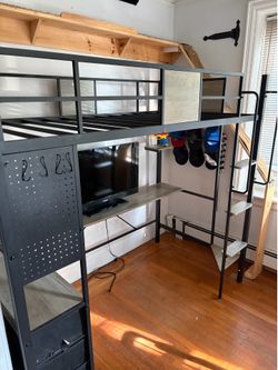 Twin size loft bed with LED lights  built in desk