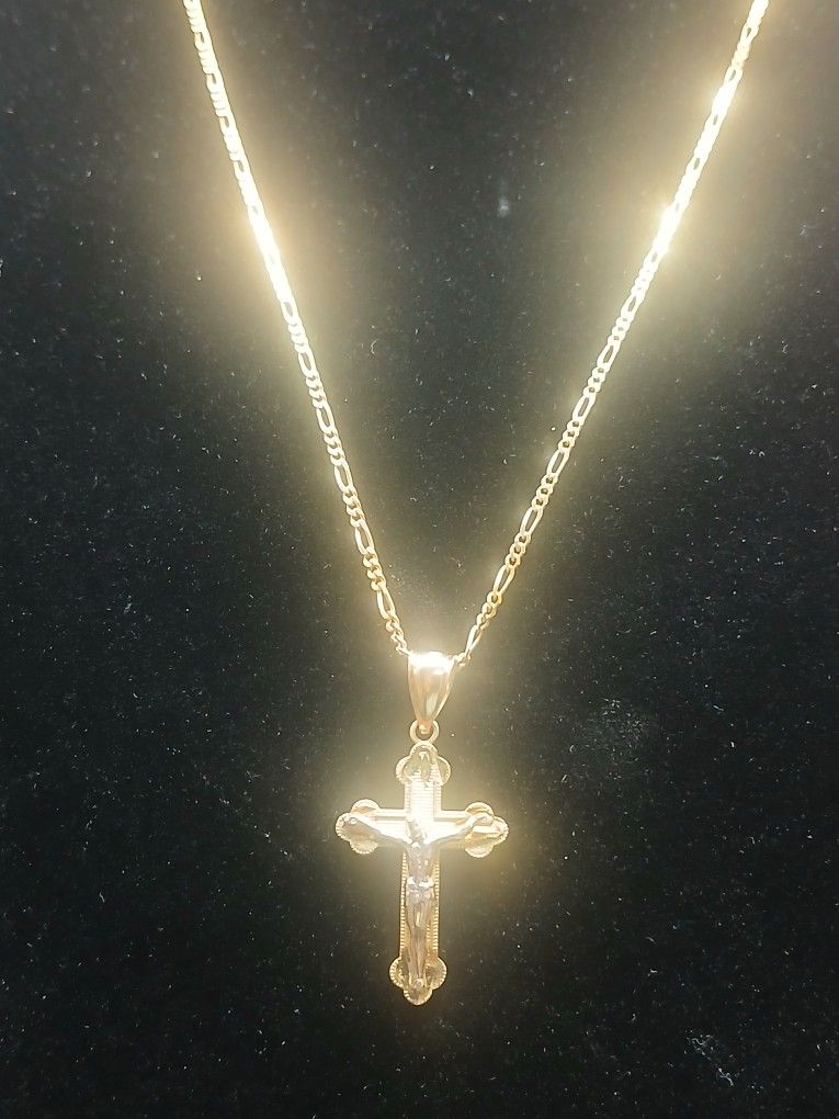 10k Italy Brand New Figaro Chain With Crucifix Yellow/white Gold