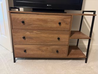 3-Drawer Wood Dresser with Open Shelves — Black Metal Frame