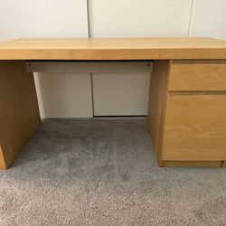 DESK - SOLID WOOD IN LIKE NEW CONDITION WITH 1 DRAWER AND LARGE SHELF