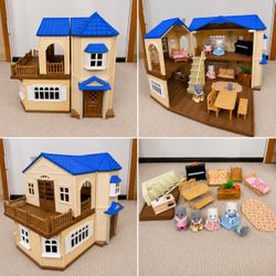 Calico Critters / Sylvanian Families Blue Roof House Bundle – Furnished + Persian Cat Family