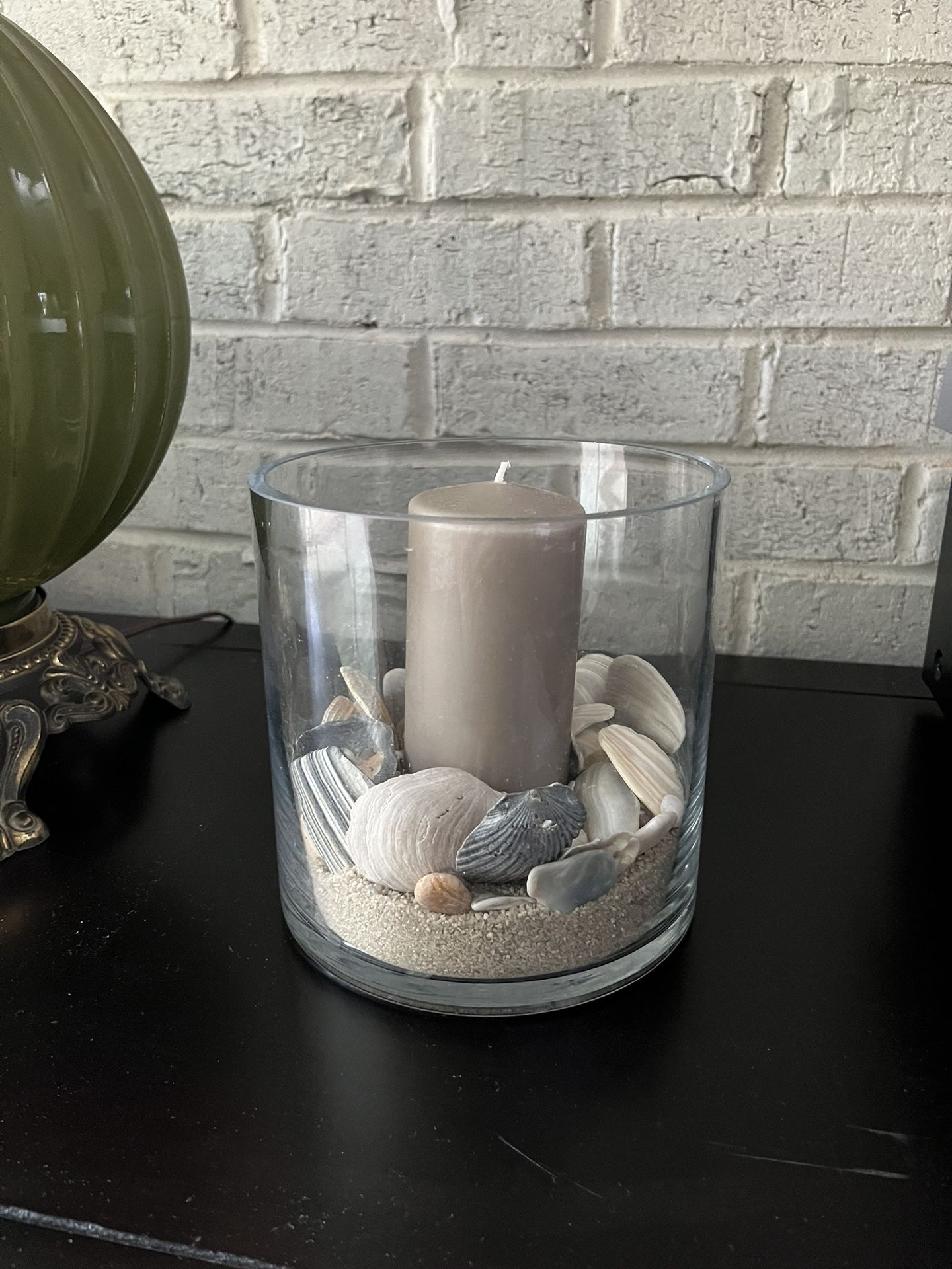 beachy sandy seashell candle centerpiece with thick base wide lip glass fits many decors and events 