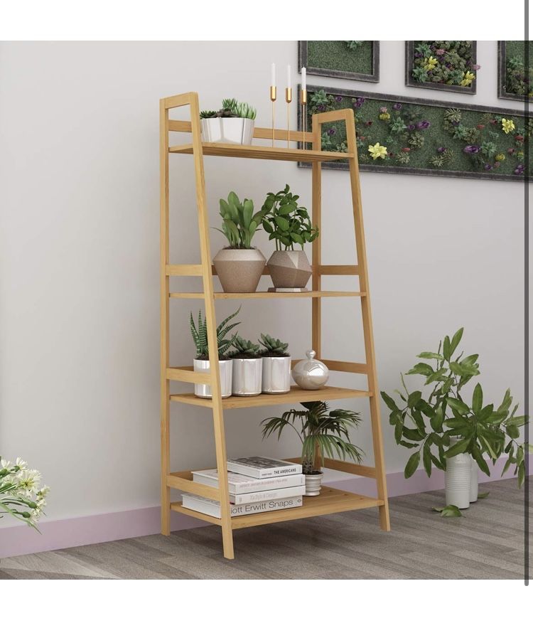 New 4-Tier Tall Ladder Shelf Multifunctional Storage Rack Stand Bamboo Bathroom Shelf Book Shelf , Teak