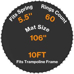 Trampoline Replacement Mat, Jumping Mat Fits 10ft Frame, Universal Jumping Round Trampoline Mat with 60V-Rings, Only Fit 5.5"Spring Length