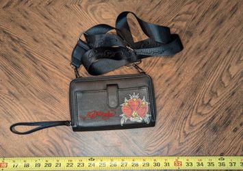 Ed Hardy Black Zip-Around Wallet with Heart Love Design, Wrist Strap