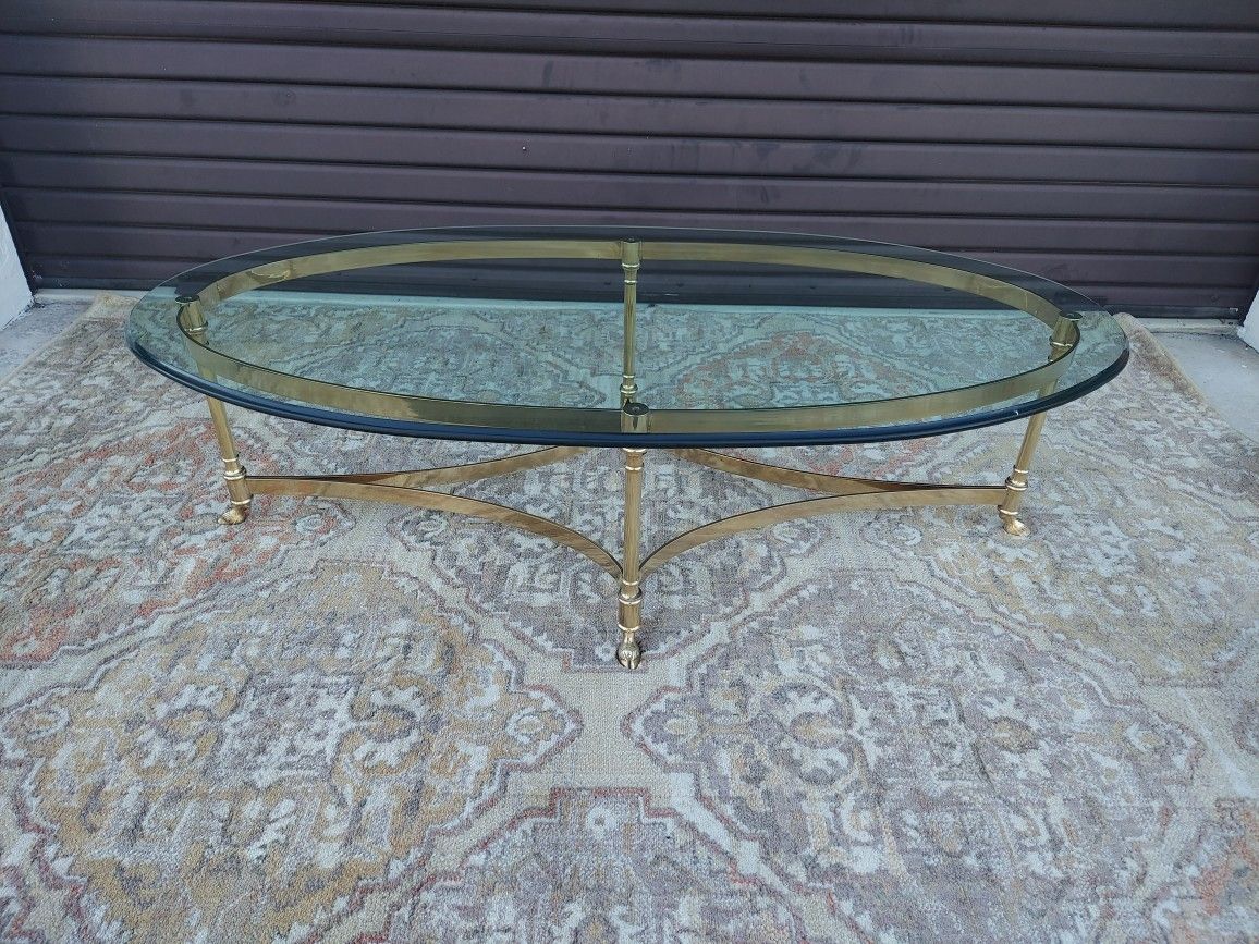 Vintage Hollywood Regency Brass Oval Coffee Table ( La Barge ) Glass Top.