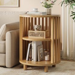 23" Round End Table,Circle Side Table with Storage,Oak