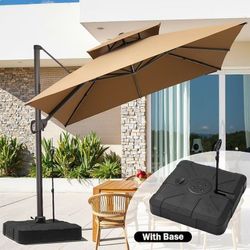 Crestlive Products 10-ft Aluminum Tan Crank Cantilever Patio Umbrella with Base, solar lights and speaker