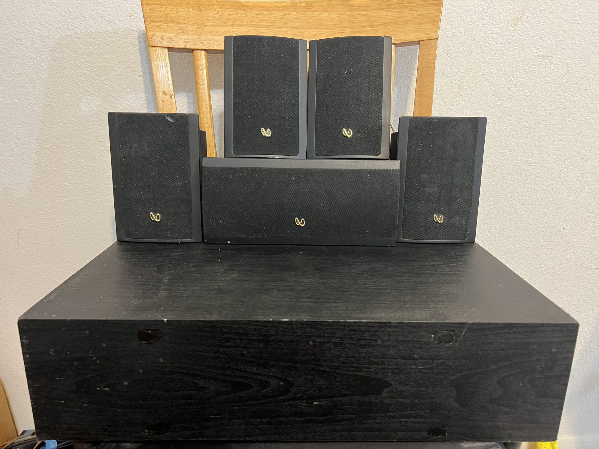 Infinity Minuette Speakers Set of 5 surround Sound including Carrera Sub Woofer