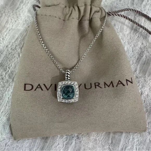 David Yurman Pavé Bezel Pendant Necklace Sterling Silver with Hampton Blue Topaz and Diamonds