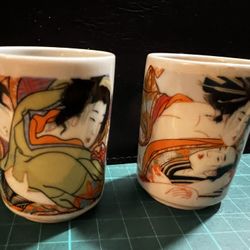 Vintage - 2 Samurai & Geisha Ceramic Tea/Sake Mugs