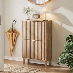 Shoe Storage Cabinet with Fluted Doors, Freestanding Wooden Shoe Organizer for Entryway, Narrow Shoe Rack Closet for Hallway Bedroom