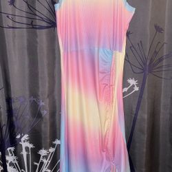 New. Women’s Size Large Rainbow Ribbed Sleeveless Drawstring Ruched Summer Dress With Slit