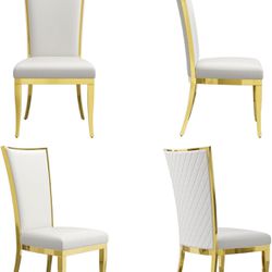 White and Gold Dining Chairs Set of 6, White PU Leather Dining Room Chair with Gold Polished Metal Legs, Glam Upholstered Kitchen Chairs for Dining Ro