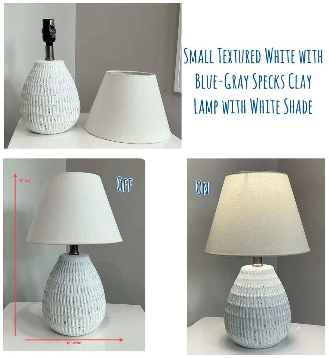Small Textured White with Blue-Gray Specks Clay Lamp with White Shade