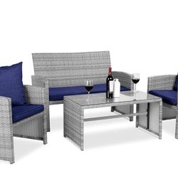 4-Piece Outdoor Patio Furniture Set for Backyard w/Coffee Table, And Seat Cushions - Gray/Navy
