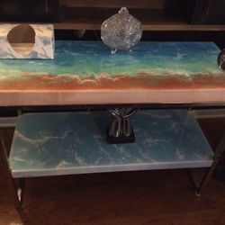 HALL TABLE OR FOR ANY  ROOM …33W X 29H X 16D. TOP COATING HAND MADE WITH EXPOXY…OCEAN CRASH LOOK…