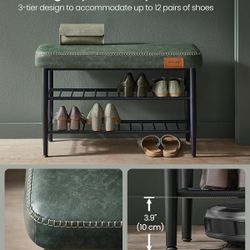  Shoe Rack Bench, Storage Bench for Entryway, Synthetic Leather with Stitching, Mid-Century Modern, Loads 300 lb, 11.8 x 31.5 x 19.7 Inche