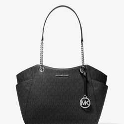 Michael Kors Large Chain Mk Signature Tote Handbag Bag Purse Shoulder Vanilla And Black