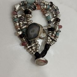 UNOde50 Statement Set - Natural Geode/Agate Ring & Multi-Strand Bracelet - W/ Pouch