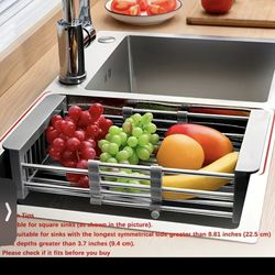 Stainless Steel Kitchen Basket, Home Dish Rack, Retractable Sink Shelf, 8.81*(11.22-18.5)*3.7in, Suitable For Rectangular Sink
