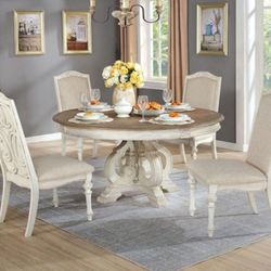 Brand New Rustic Antique White, Ivory 5pc Round Dining Table  Set 