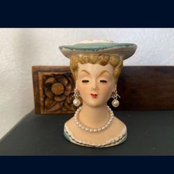 Vintage Women Head With Pearls Small Vase