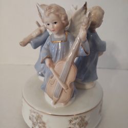 Blue White Angels Figurine Music Box Vintage Christmas Japan 'Somewhere My Love"