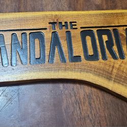 Hand-Carved Wooden Sign – The Mandalorian / Star Wars Inspired – Turquoise Inlay