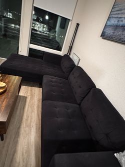 Dark Blue Sectional Couch + Wooden Coffee Table (Good Condition)
