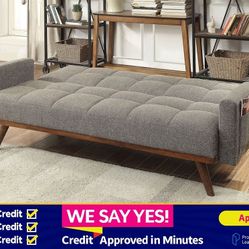 FINANCE TODAY! - Gray Linen Mid Century Style Couch Futon Sofa Bed