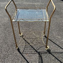 Vintage Mid Century Modern Gold Tea Bar Cart With Glass