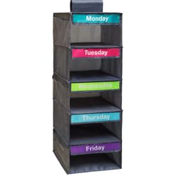 5-Shelf Weekly Clothes Organizer for Kids, Kids Daily Shelf Hanging Closet Organizer with 6 Side Pockets, Days of The Week Hanging Storage Shelves, Gr