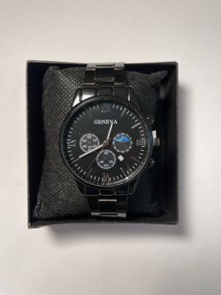 Black Geneva watch with date and moon phase