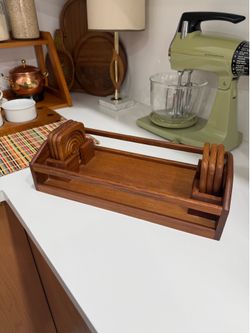 Vintage Midcentury Modern Dophin Teak Tray Drink Bar Caddy w/Coasters