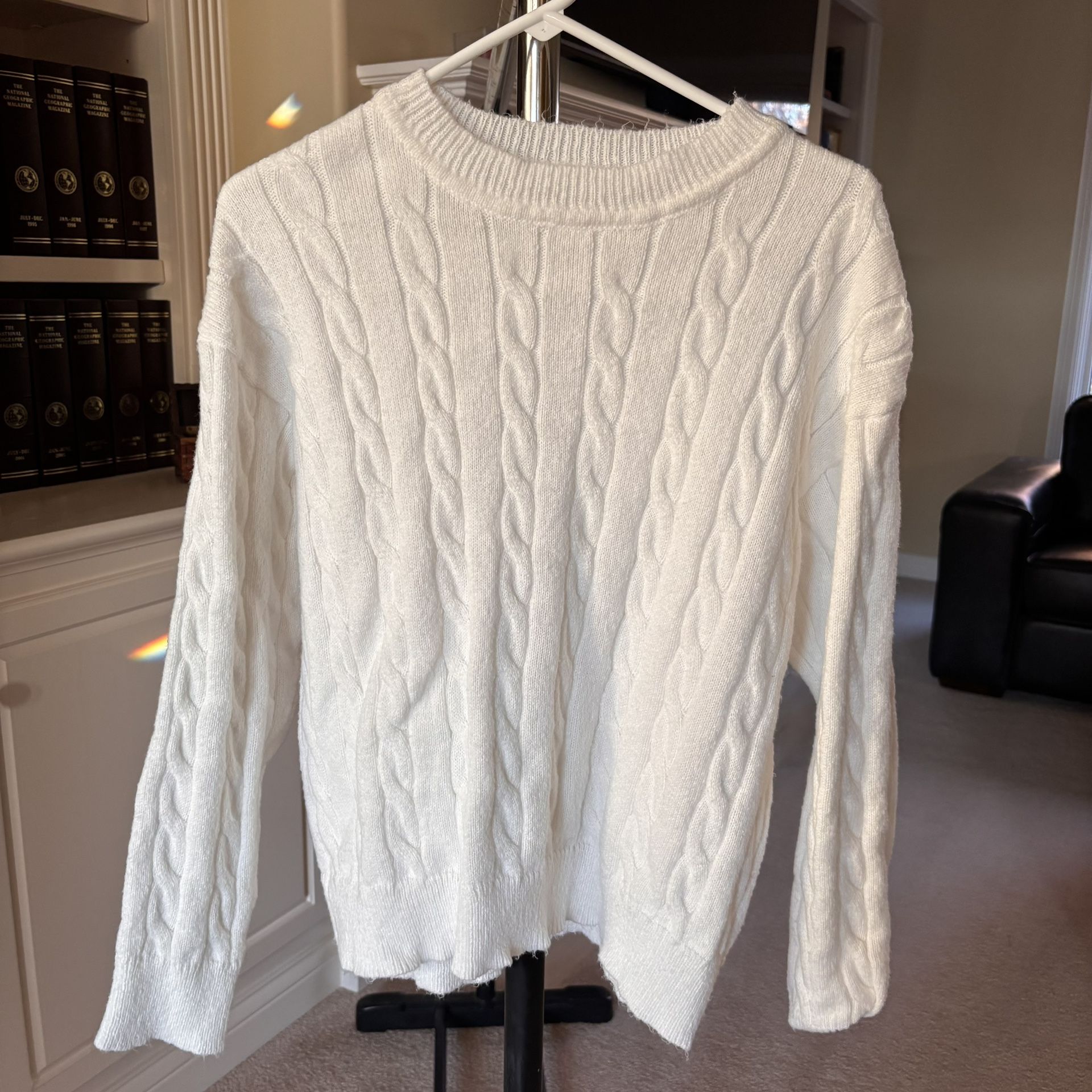Women’s White Cable-Knit Crewneck Sweater