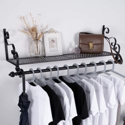 Storage Wrought Iron Coat Rack Shelf Wall Mounted