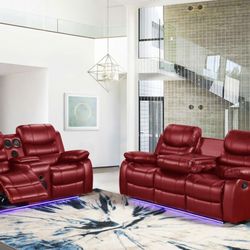 Manual Leather Recliner Sofa And Loveseat With Bluetooth Speakers And Led Light 