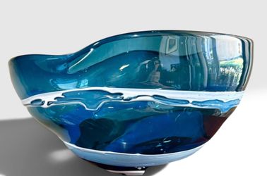 Art Glass Bowl Blue and White 11”