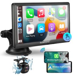 Wireless Portable Car Stereo 7-Inch Full HD Touchscreen with Apple CarPlay & Android Auto, Bluetooth Handsfree Car Audio Receiver with Mirror Link, Re