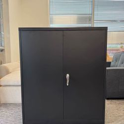 Brand new Black Steel Storage Cabinet with Doors – Secure Locking Design, 2 Adjustable Shelves, Ideal for Home Office, Garage, or Laundry Room Organiz
