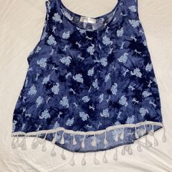 Blue tank top with dragonfly pattern and tassel trim size XL 