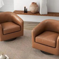 UIXE PU Leather Swivel Accent Chairs Set of 2, Barrel Club Chair Upholstered Armchair for Living Room, Round Arm Chair Single Sofa Bedroom Reading Sea