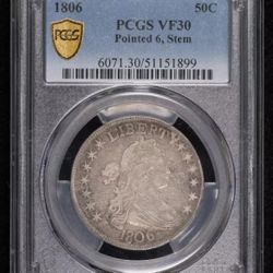 1806 P Half Dollars Draped Bust PCGS VF-30 Pointed 6, Stem
