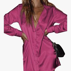 Fuchsia Satin Silk Shirt Dresses Button Down Long Sleeve Club XXL
