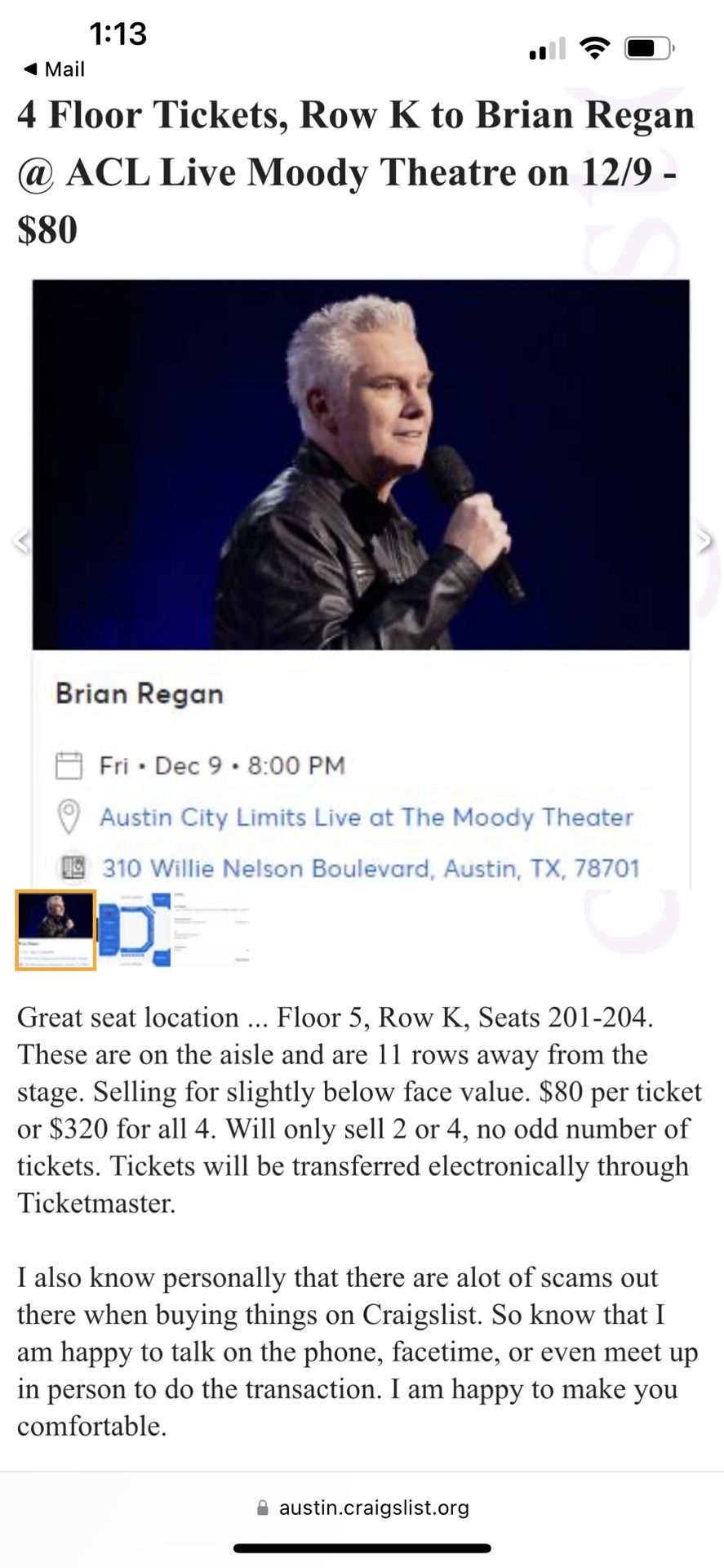 2 Floor Tickets, Row K to Brian Regan @ ACL Live Moody Theatre on 12/9