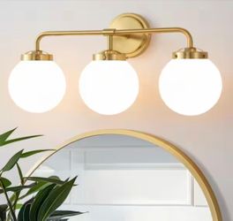 3-Light Gold Bathroom Vanity Light with Opal Glass Shades