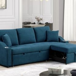 Brand New Blue Sectional Sofa With Pull-out  Chaise & Pop Up Sleep Area With Cup Holders 