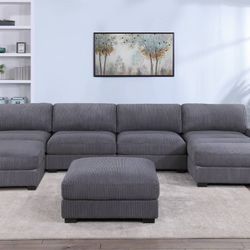 Dark Gray Corduroy Sectional Sofa With Ottoman 